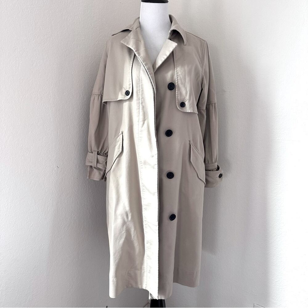 Joie Puff Sleeve Cotton Trench Coat Jacket Classic Beige Long Button-Front - Picture 2 of 14